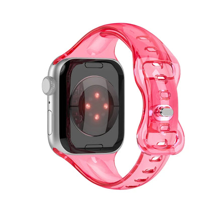 Apple Watch with a transparent pink strap, showcasing a sleek design and comfortable fit for everyday wear.