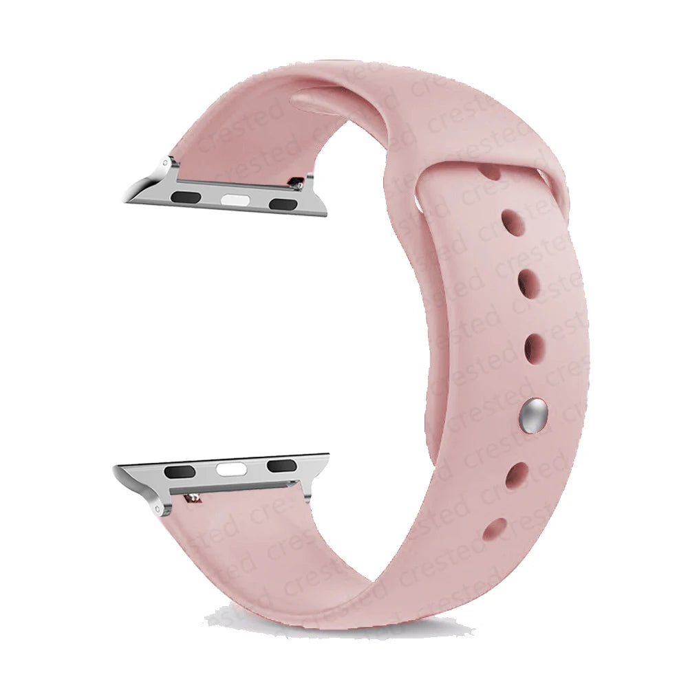 Apple Watch silicone strap in soft pink, comfortable, waterproof, and perfect for workouts and casual wear.