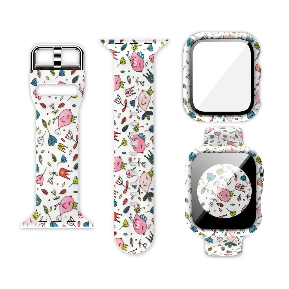 Vibrant Apple Watch silicone strap with unique floral print designs and matching case.
