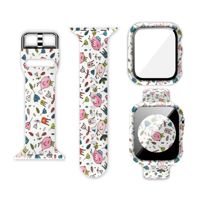 Vibrant Apple Watch silicone strap with unique floral print designs and matching case.