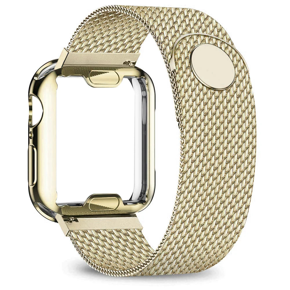 Apple Watch Stainless Steel Strap featuring a premium gold Milanese band design, adjustable for comfort and style.