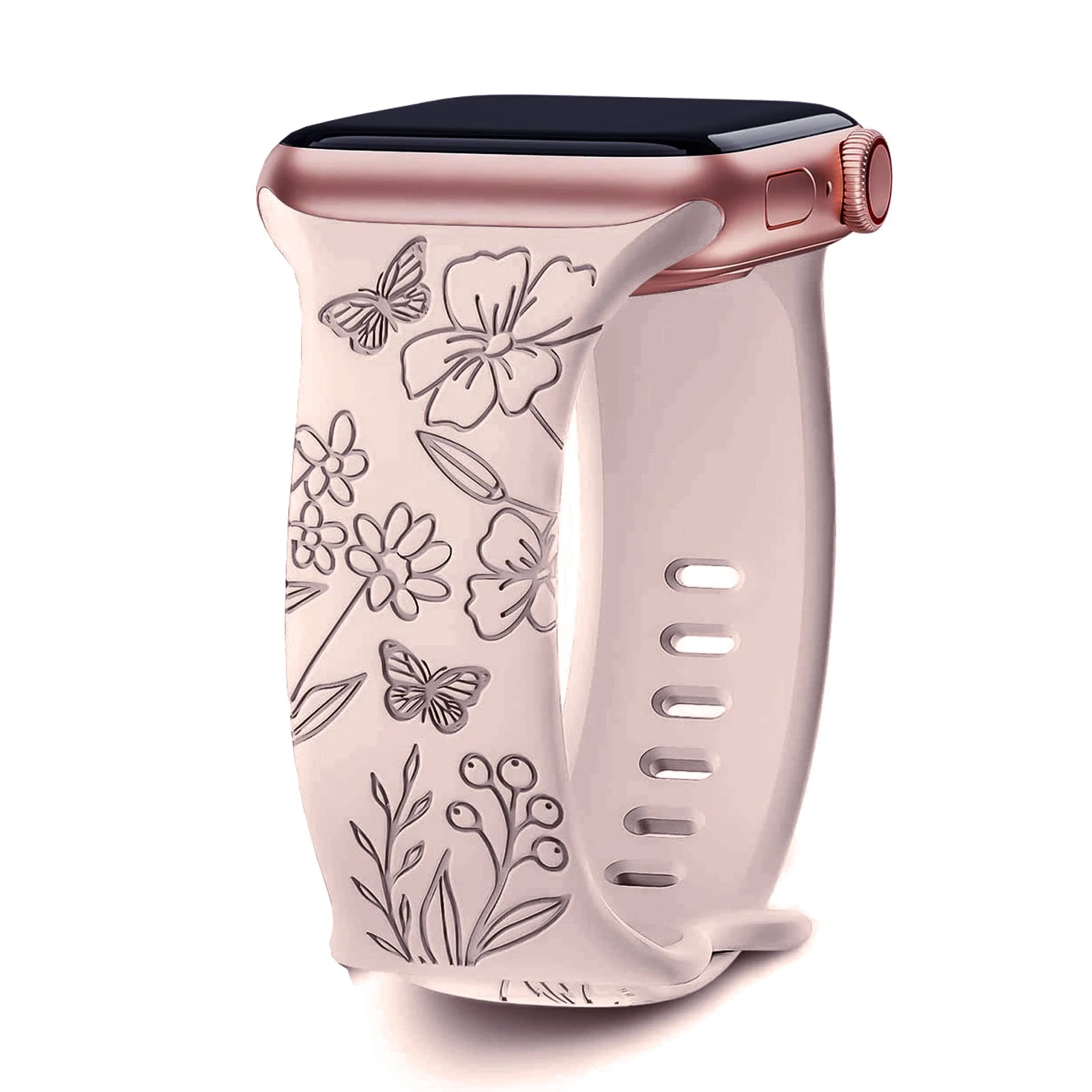 Apple Watch silicone strap with floral engraving design, soft, waterproof, and perfect for stylish comfort.