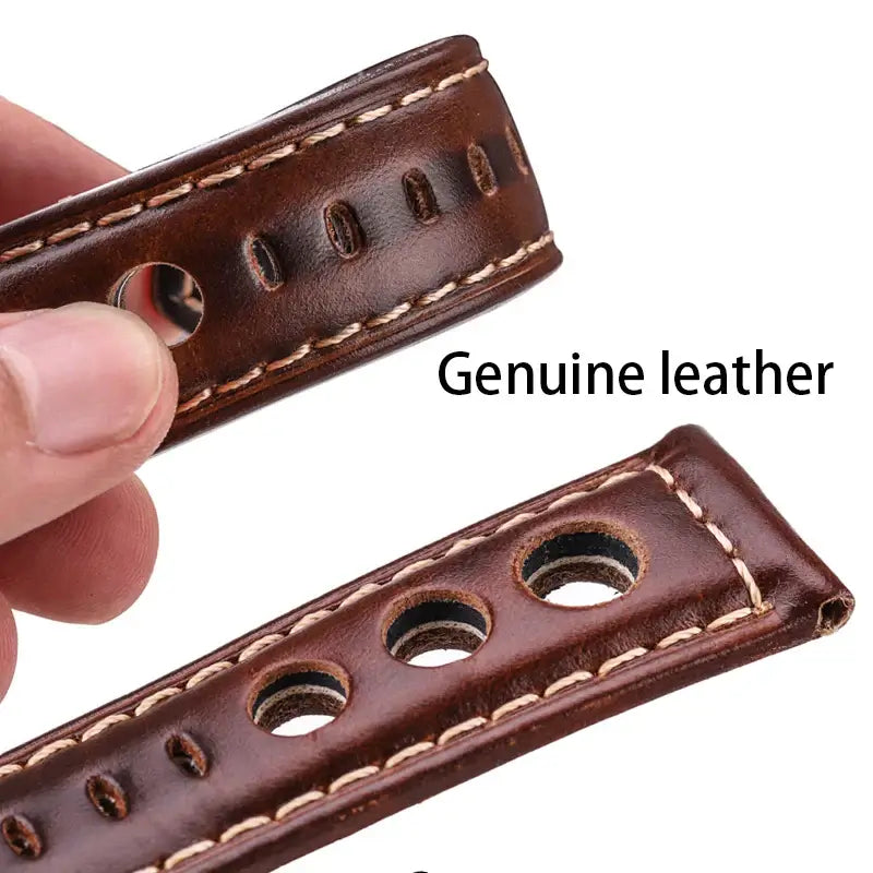 Leather strap cutouts and edge close-up