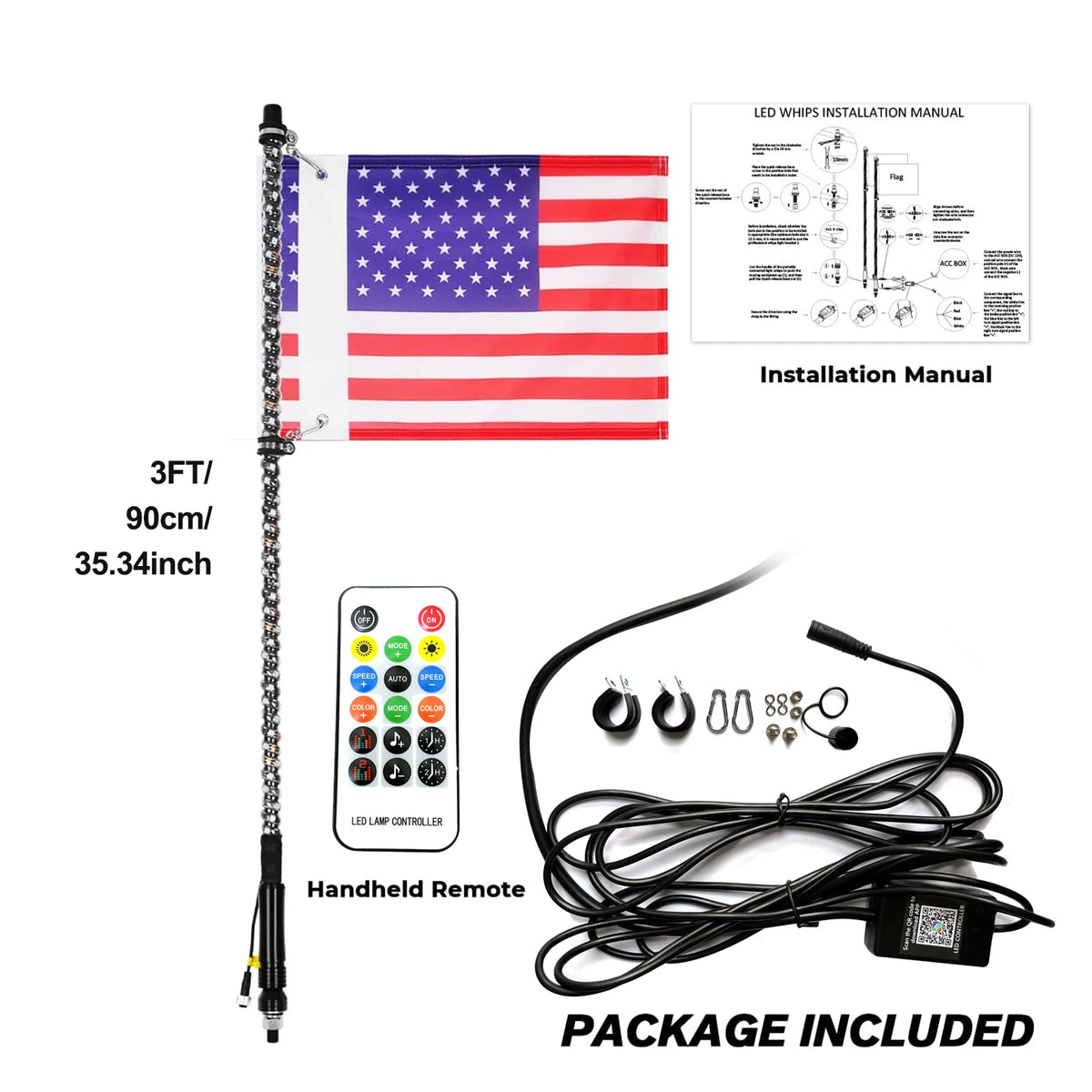 3 ft RGB LED Whip Light for Golf Carts with Remote and Flag