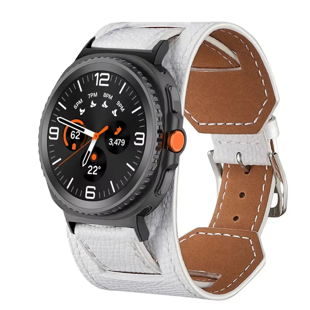 Samsung Galaxy Leather Watch Band - Watch8/Watch8 Classic/Watch9/Ultra/Ultra2 in white with stylish design, featuring a sleek smartwatch.