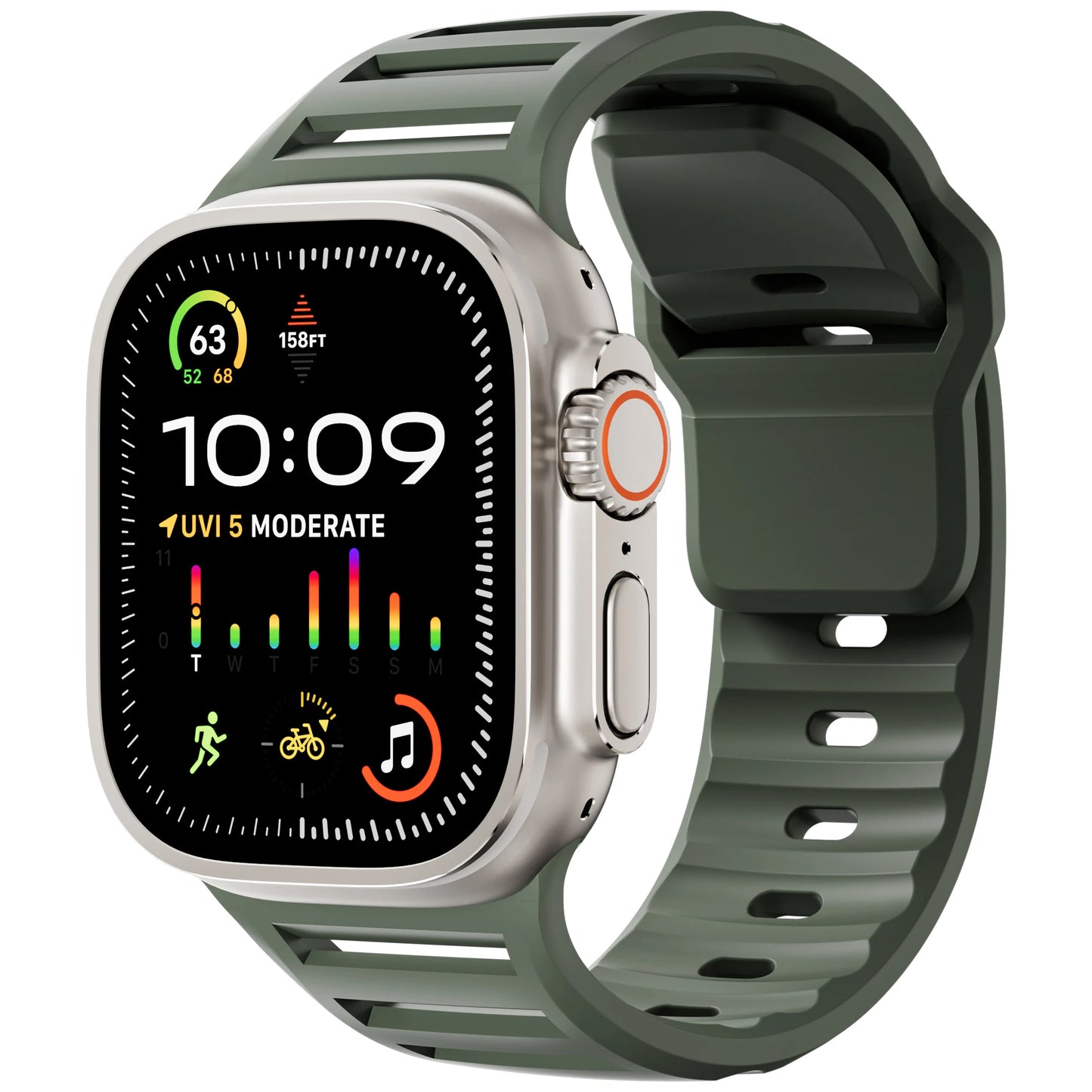Apple Watch Sport with flexible waterproof silicone strap in green, perfect for workouts and active lifestyles.