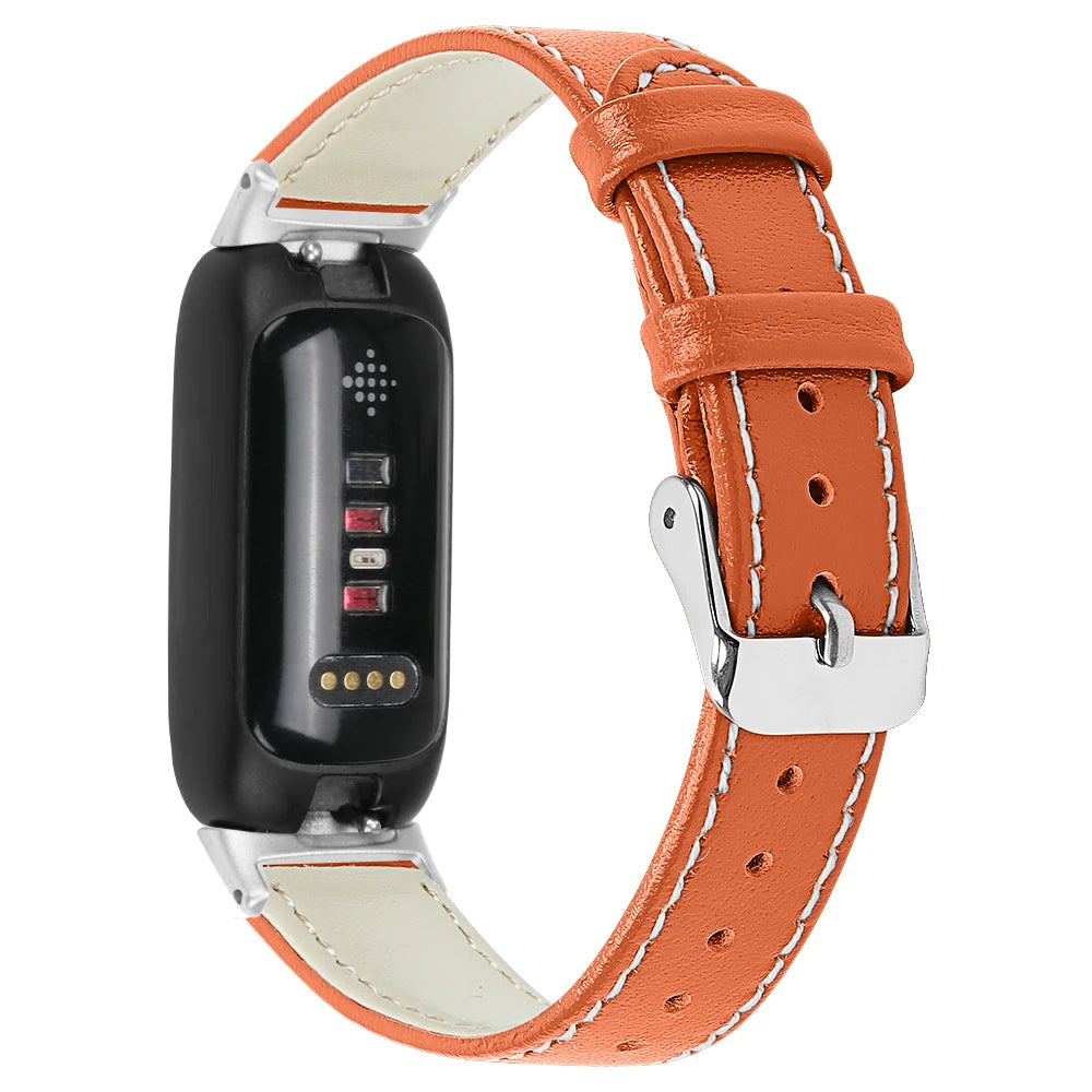 Fitbit Inspire 3 leather band, stylish and breathable smartwatch strap by Bandsco, featuring a classic metal clasp.