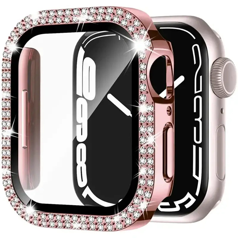Dazzling protective case for Apple Watch with rhinestone border, enhancing style and durability for daily wear.
