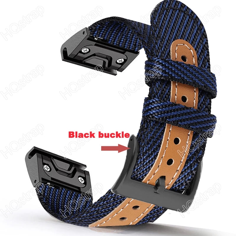 Garmin Sport Nylon Strap with black buckle, breathable design for smartwatches. Ideal replacement band for comfort and durability.