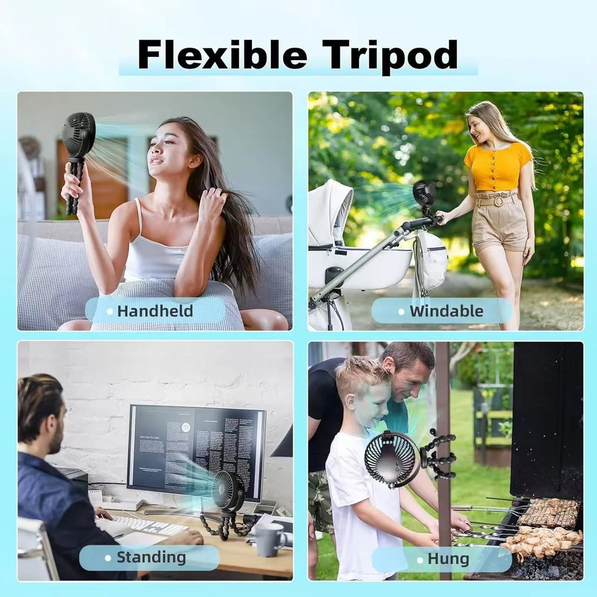 Flexible Tripod Golf Cart Fan, 5000mAh Rechargeable, Wraps Around Bars