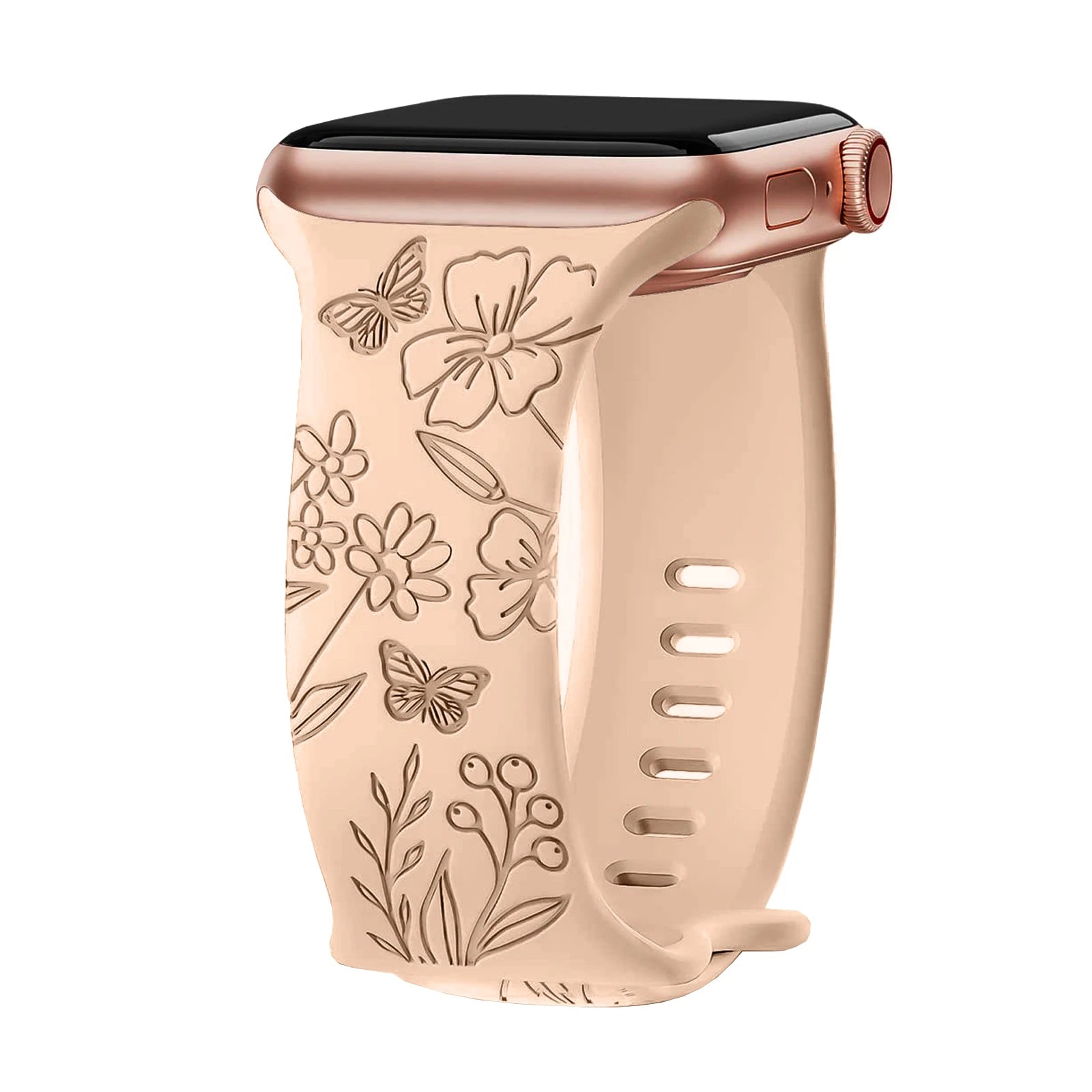 Apple Watch silicone strap with floral engraving, soft and waterproof, perfect for stylish smartwatch enthusiasts.