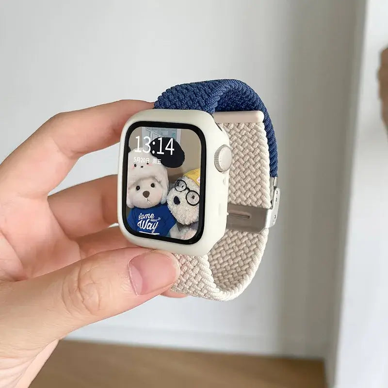 Navy and beige woven Apple Watch band with white case