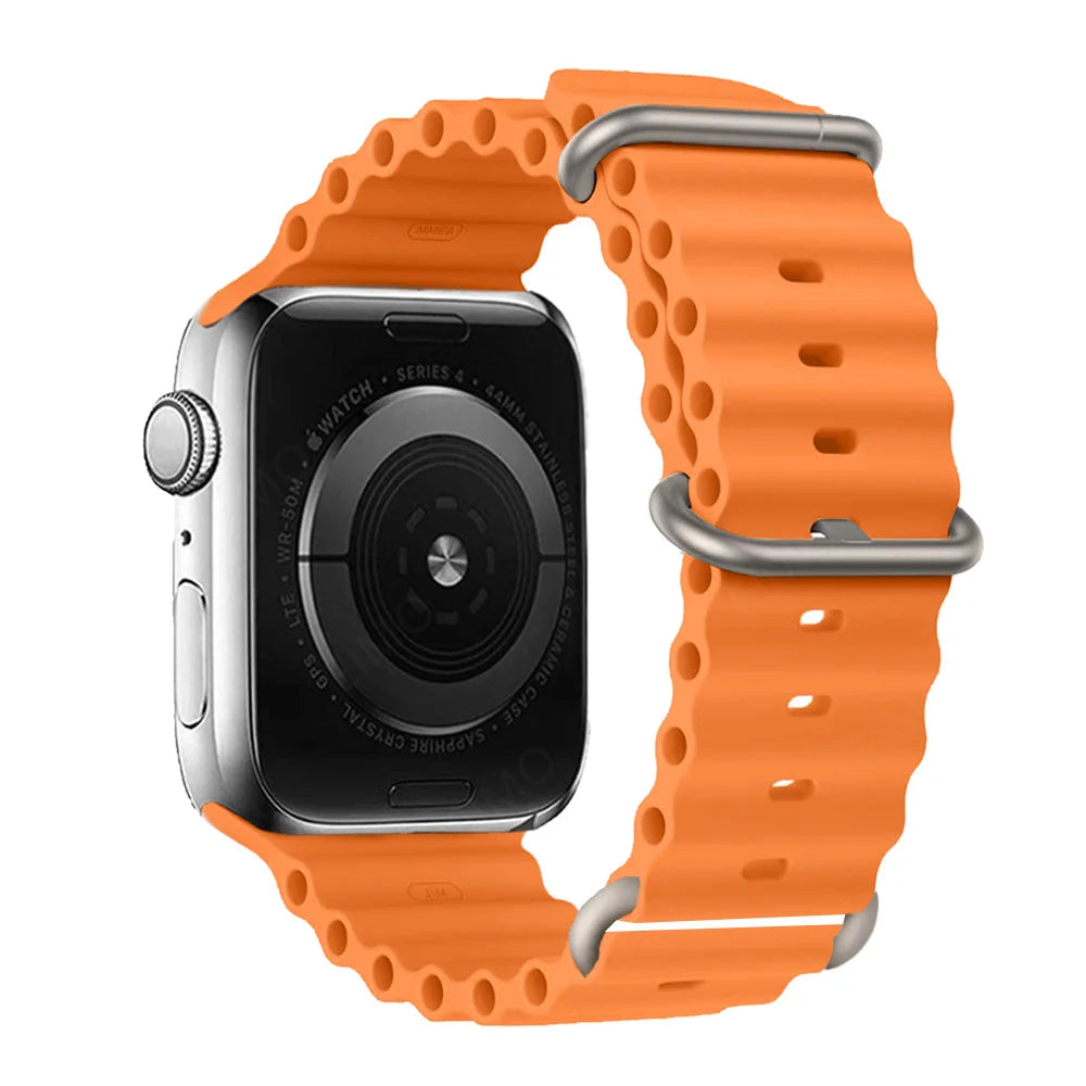 Orange silicone strap for Apple Watch, waterproof and breathable for active lifestyles.