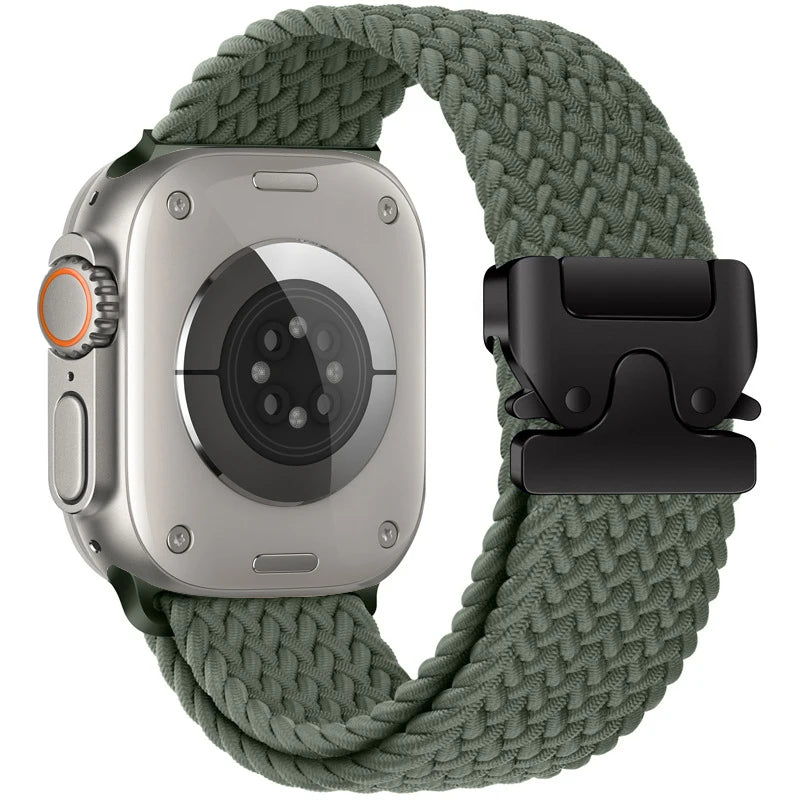 Apple Watch with braided nylon parachute strap in green, featuring a black clasp for durability and comfort.