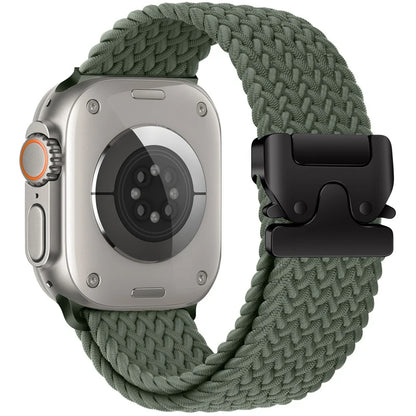 Apple Watch with braided nylon parachute strap in green, featuring a black clasp for durability and comfort.