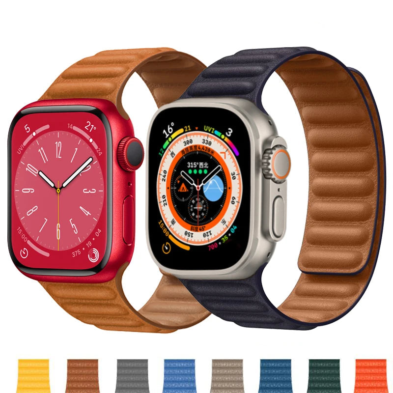 Brown and dark magnetic Apple Watch link bands with color previews