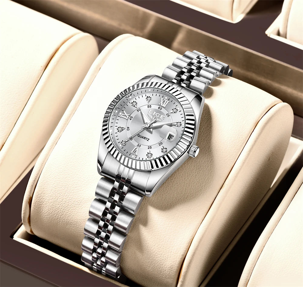 Women's 27mm Fluted Bezel Quartz Date Watch — Silver Tone / White Dial