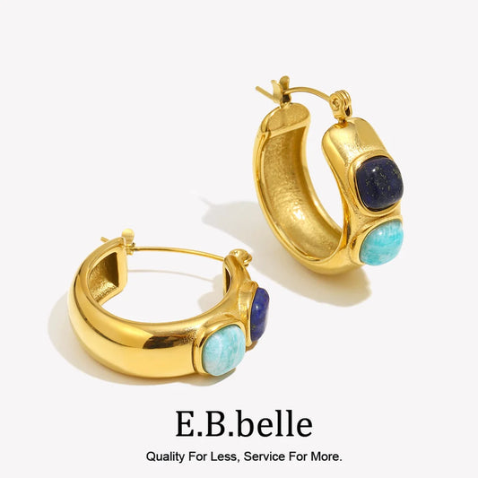 Lapis lazuli and turquoise hoop earrings, gold-tone stainless steel