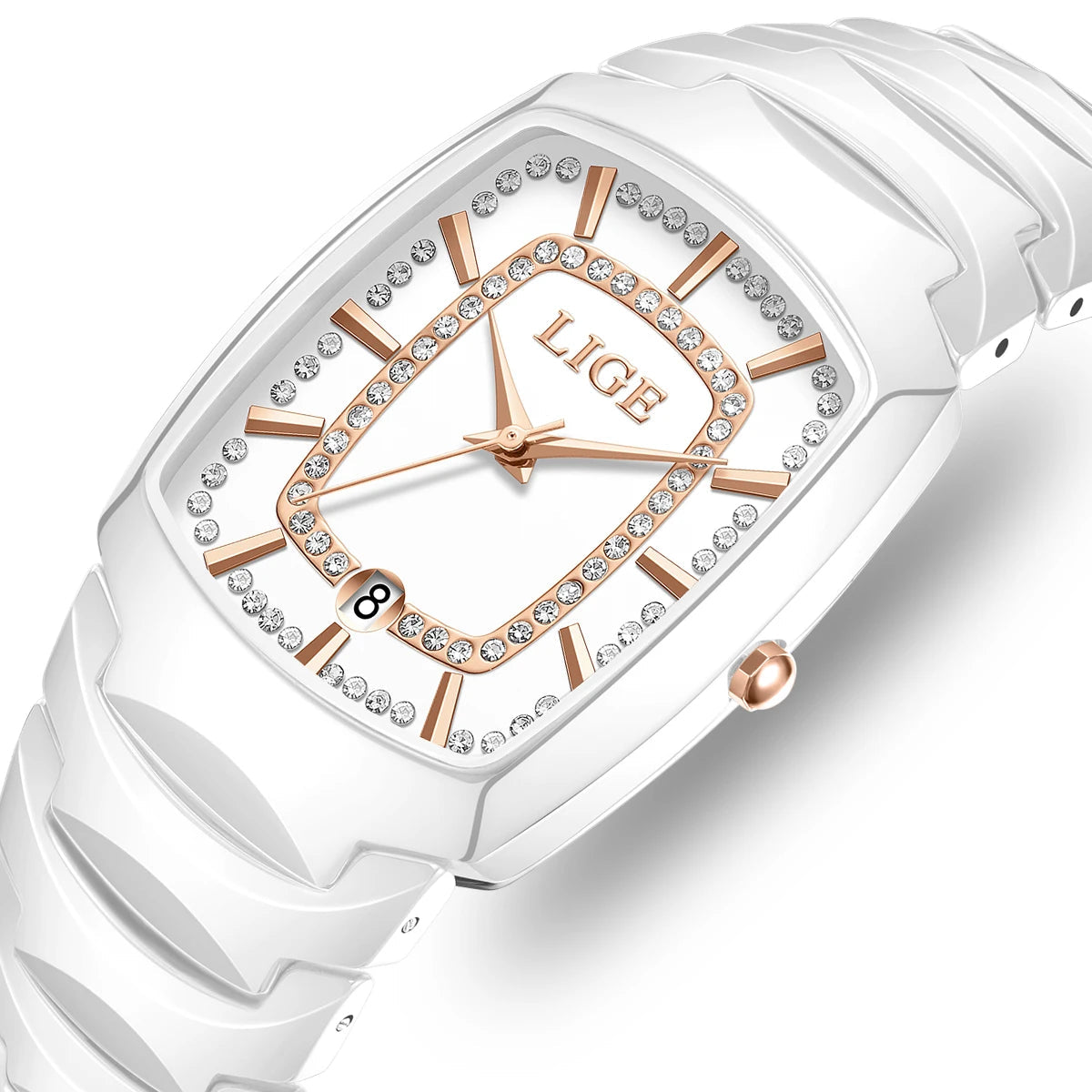 Women's Ceramic Tonneau Crystal Dial Watch — White ceramic case and rose gold-tone dial accents
