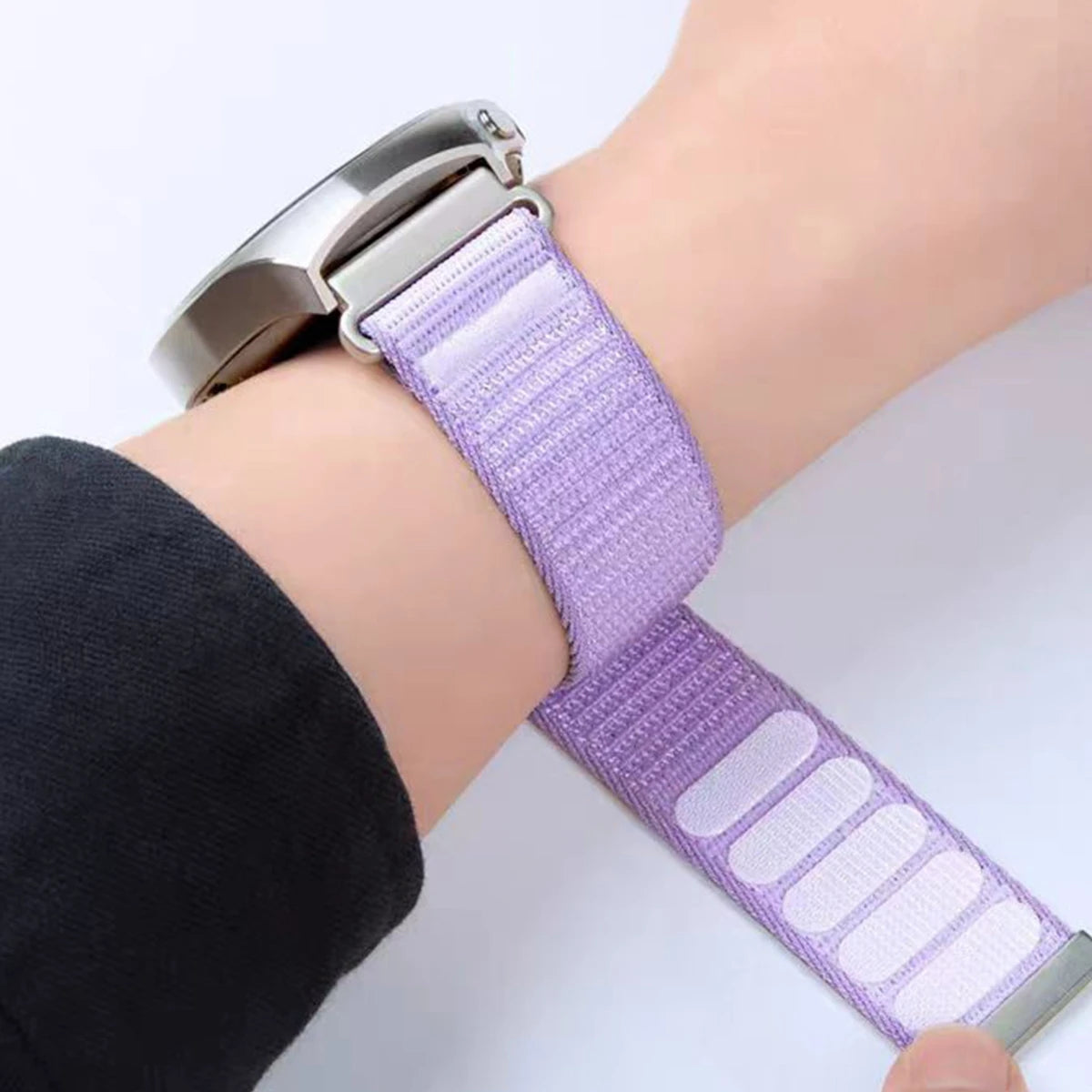 Ribbed Nylon Sport Loop Band for Motorola Moto — Lavender band worn on wrist with hook-and-loop detail