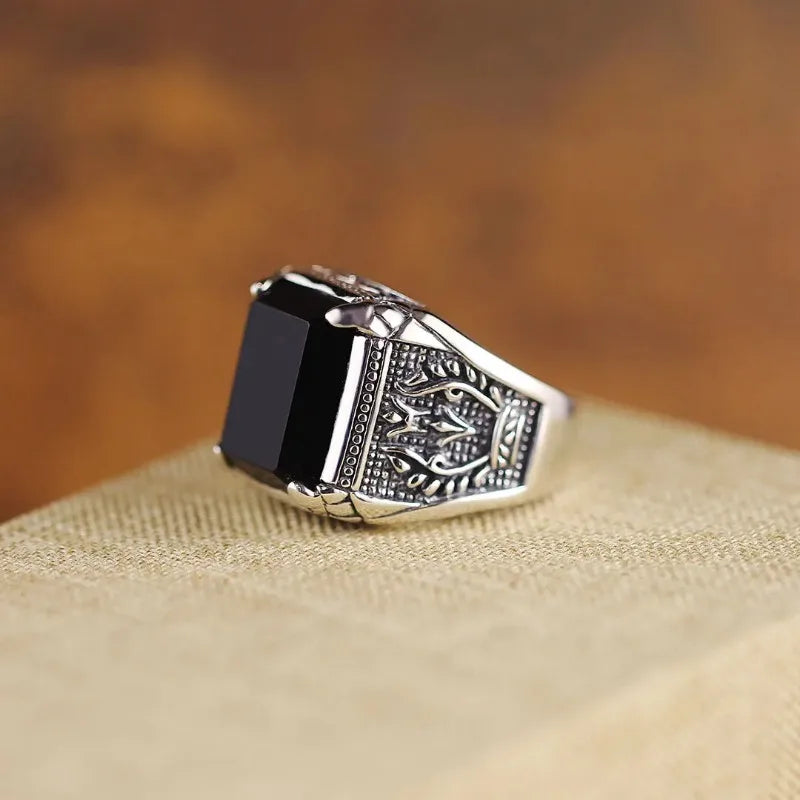 Black Agate Geometric Ring, 925 Sterling Silver - view 7
