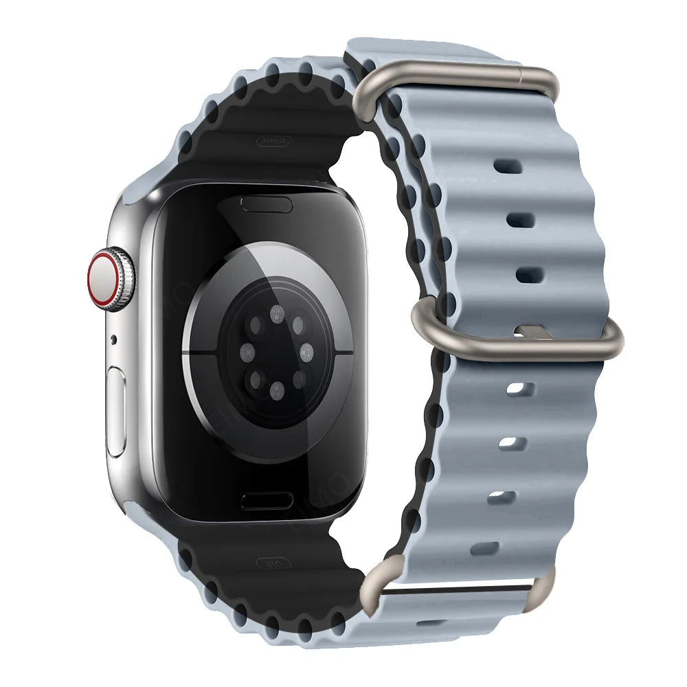 Apple Watch with a blue silicone strap featuring a waterproof and breathable design for comfort and durability.