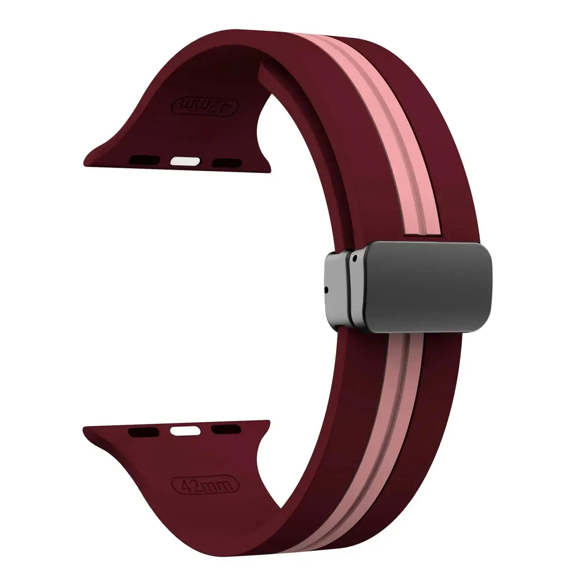 Burgundy / Pink - Black Clasp striped silicone Apple Watch band with magnetic clasp