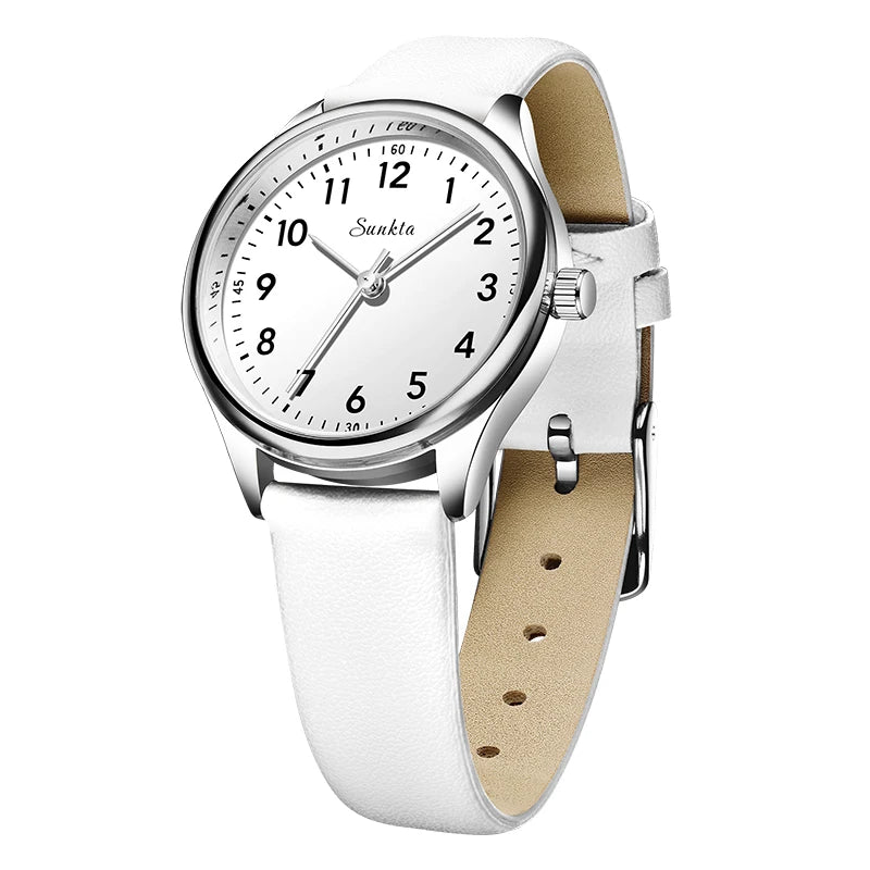 Women's Arabic Numeral Quartz Watch — White Strap / Silver Tone / White Dial — BandsCo Straps