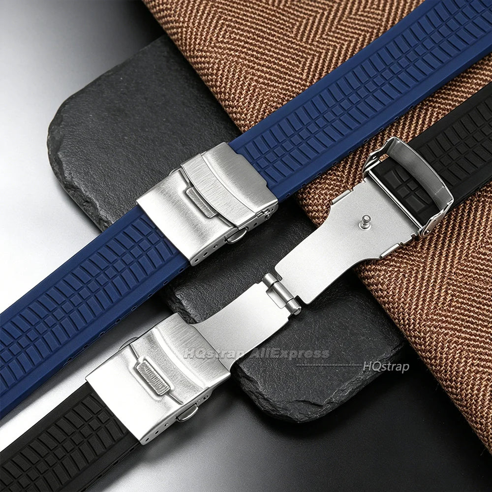 Samsung Galaxy Silicone Sport Watch Band - Watch8/Watch8 Classic/Watch9 Waterproof Buckle in blue and black with silver buckle.