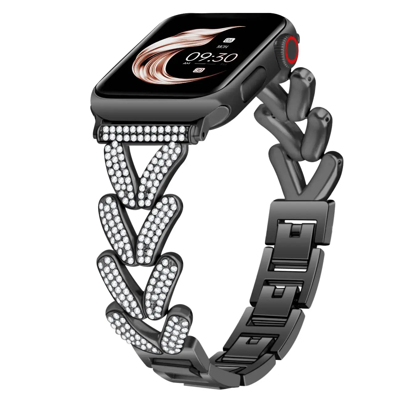 Apple Watch stainless steel band with sparkly crystal design, featuring over 300 crystals for glamorous style.