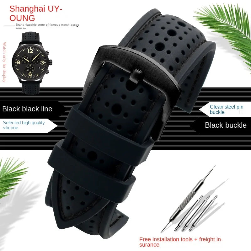 Motorola Moto Perforated Silicone Band with Contrast Stitching — Black / Black Stitching / Black Buckle