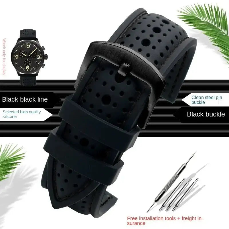 Suunto Perforated Silicone Band with Stitching - Black / Black Stitching / Black Buckle
