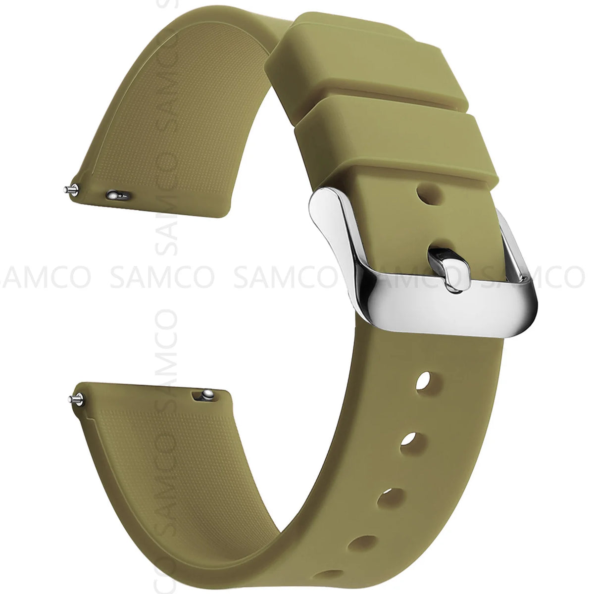 Curved-End Silicone Band in Khaki with Silver Buckle