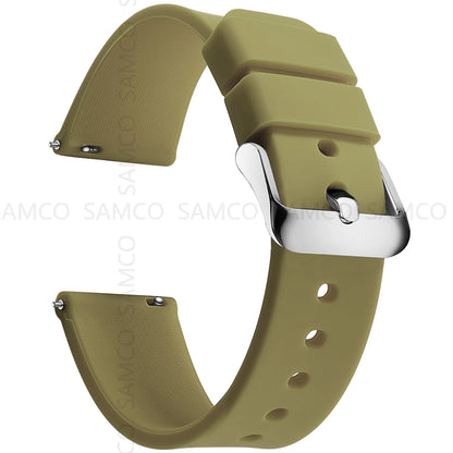 Curved-End Silicone Band in Khaki with Silver Buckle