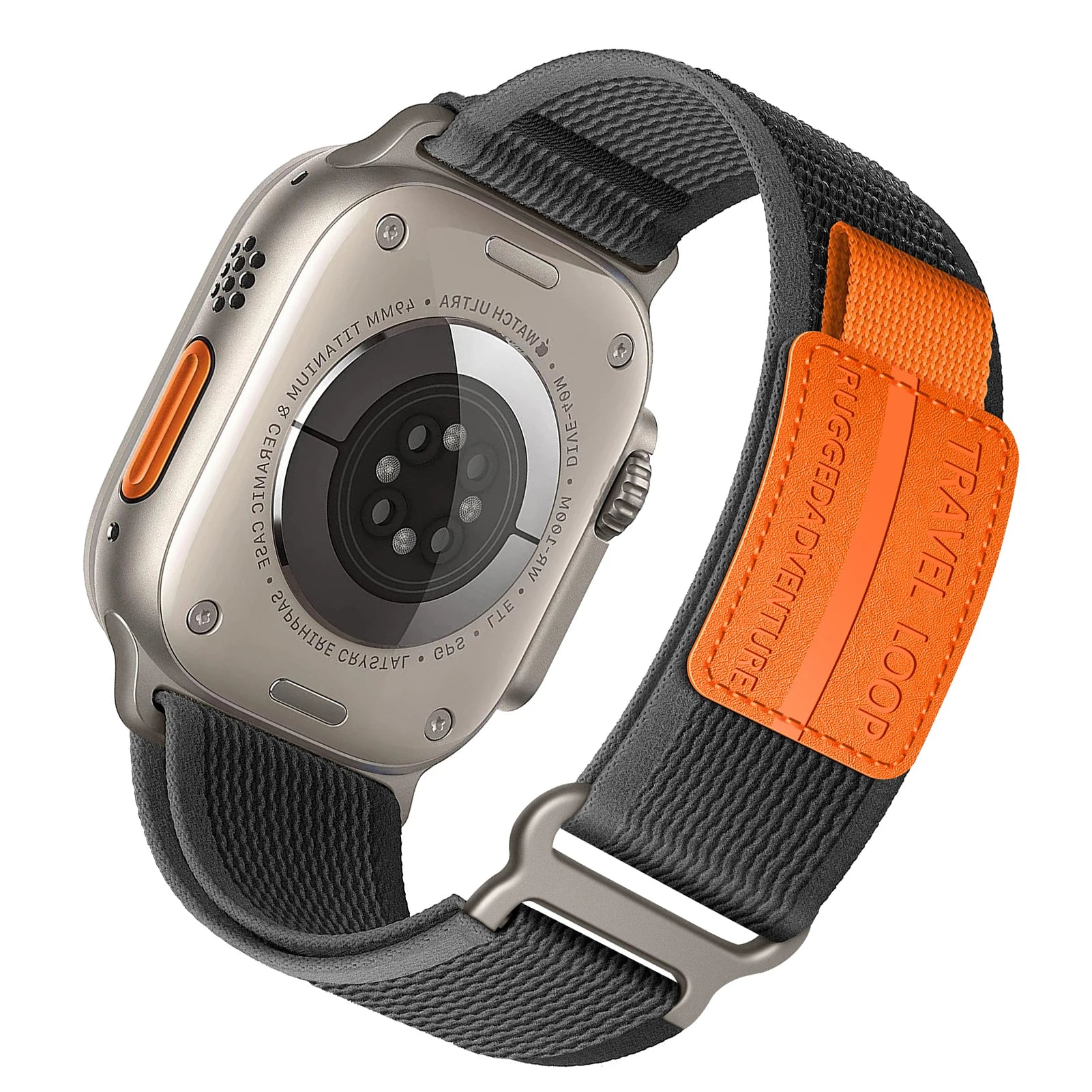 Apple Watch with rugged nylon band, featuring adjustable fit and durable design for outdoor adventures.