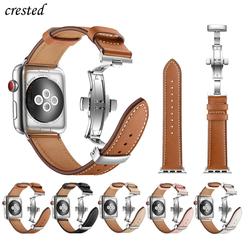 Folding-clasp leather band with color and hardware previews for Apple Watch