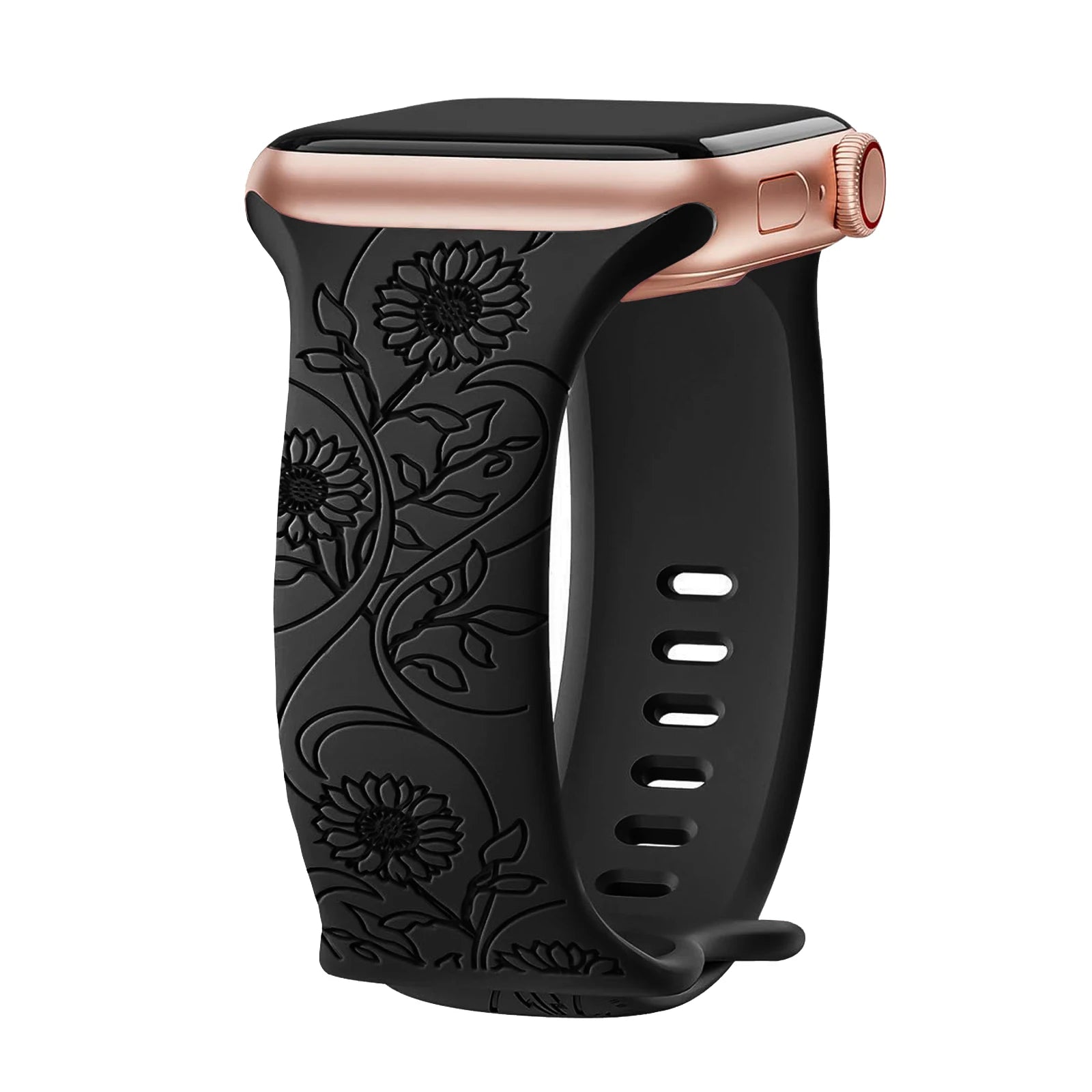 Apple Watch Silicone Strap in black with floral engraving, stylish and waterproof for all-day comfort.