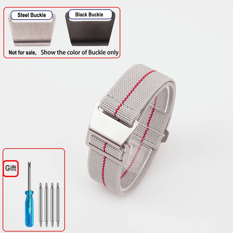 OnePlus Smartwatch Bands Nylon Elastic Parachute Fabric Watch Strap with steel and black buckle options.