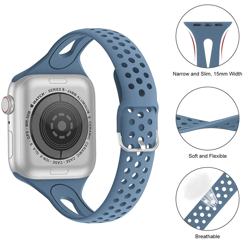 Apple Watch Silicone Strap in blue, soft and flexible design with breathable holes for comfort and airflow.