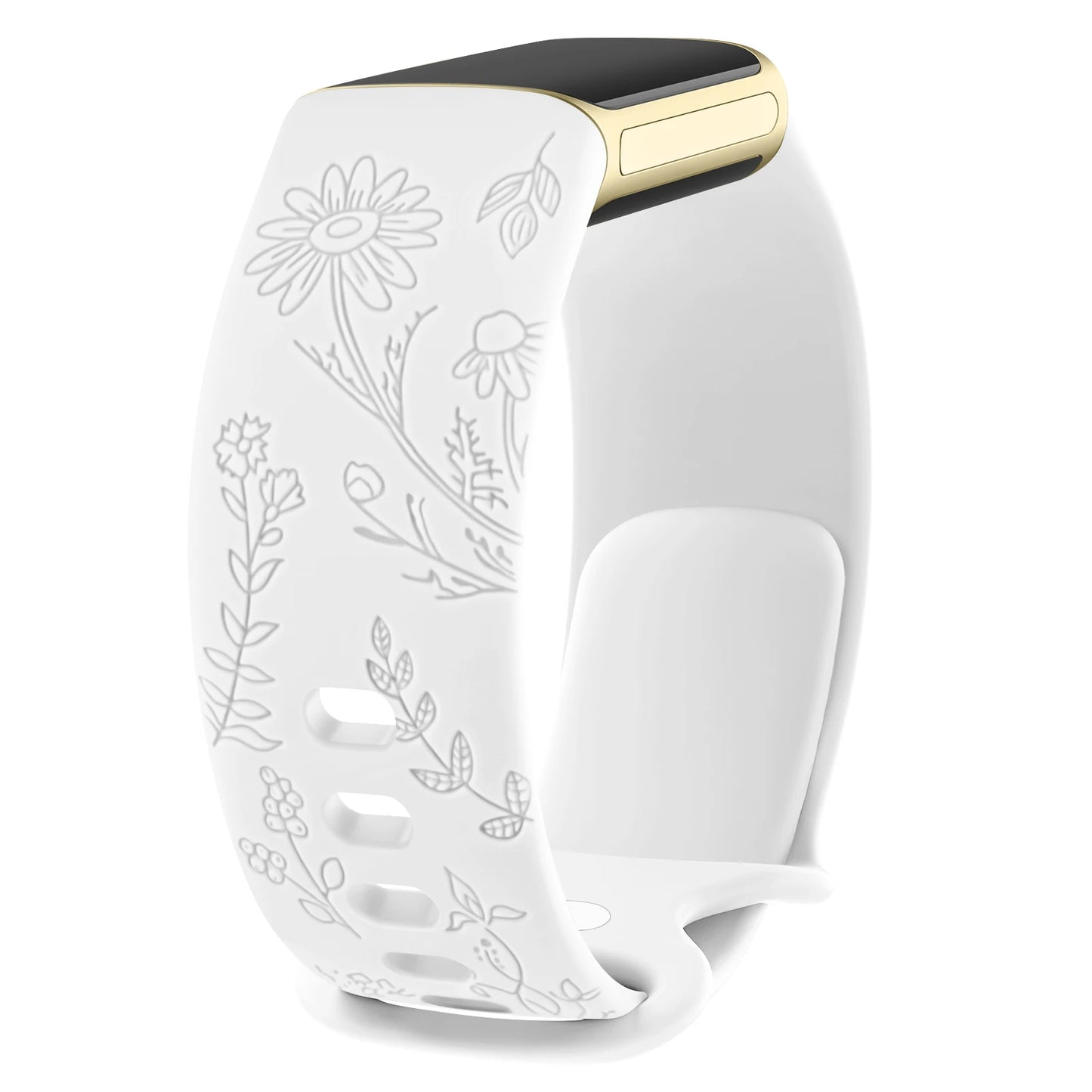 Fitbit Charge 5 and 6 silicone flower engraved strap, stylish and comfortable smartwatch band for personalized fitness tracking.