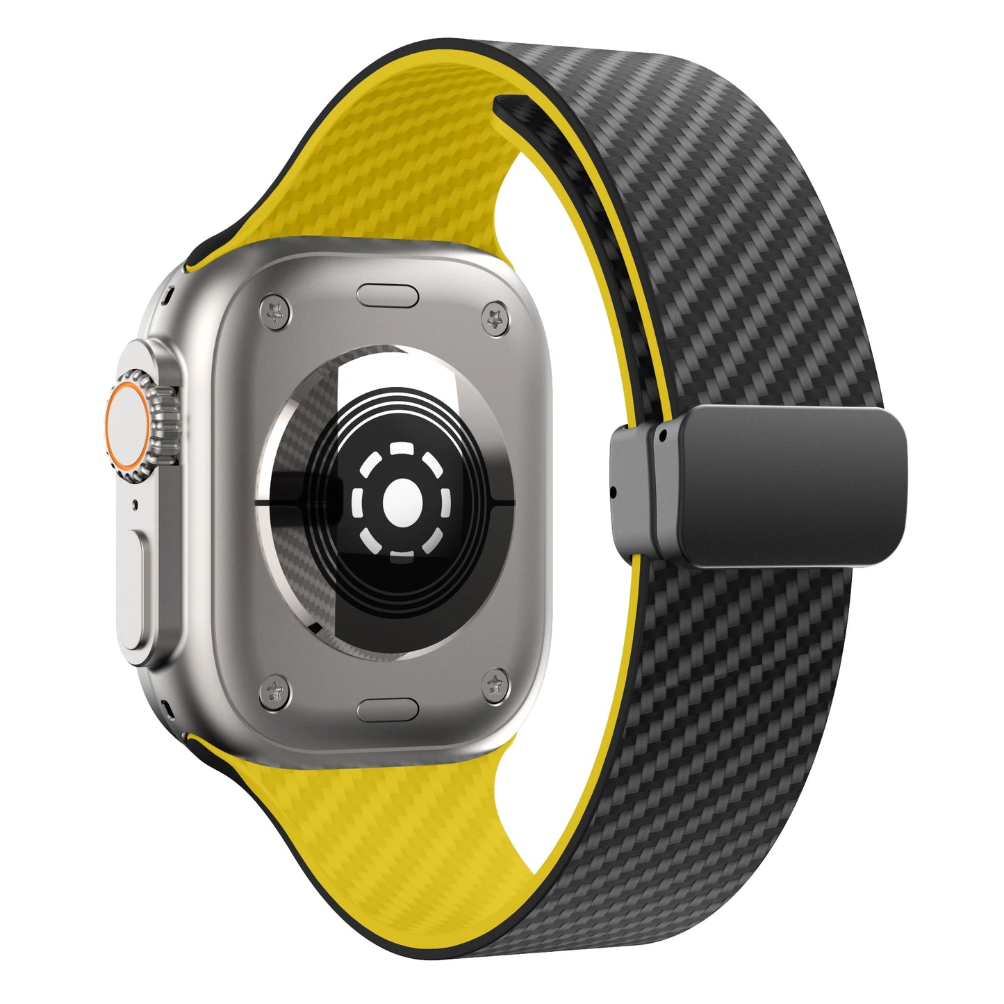 Apple Watch with a carbon fiber strap and magnetic buckle, showcasing a durable design and stylish look.