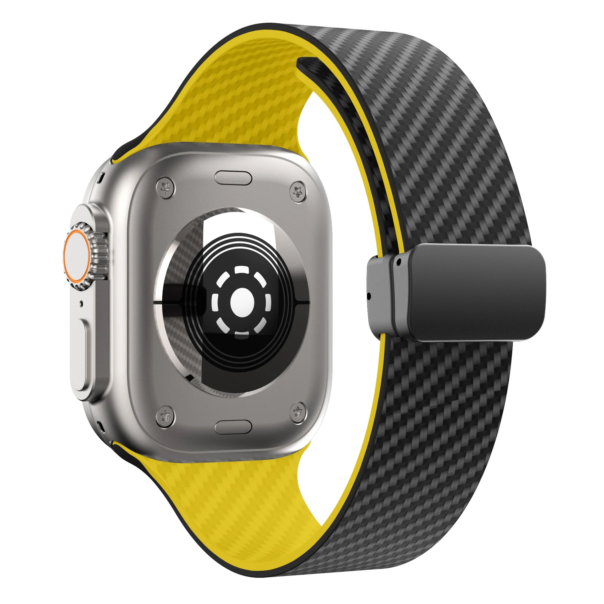 Apple Watch with a carbon fiber strap and magnetic buckle, showcasing a durable design and stylish look.