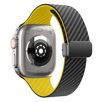 Apple Watch with a carbon fiber strap and magnetic buckle, showcasing a durable design and stylish look.