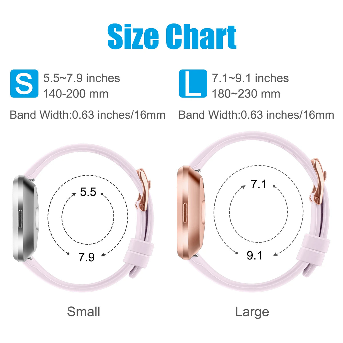 Fitbit Versa 2 Slim Silicone Buckle Band - Small and large wrist-size chart