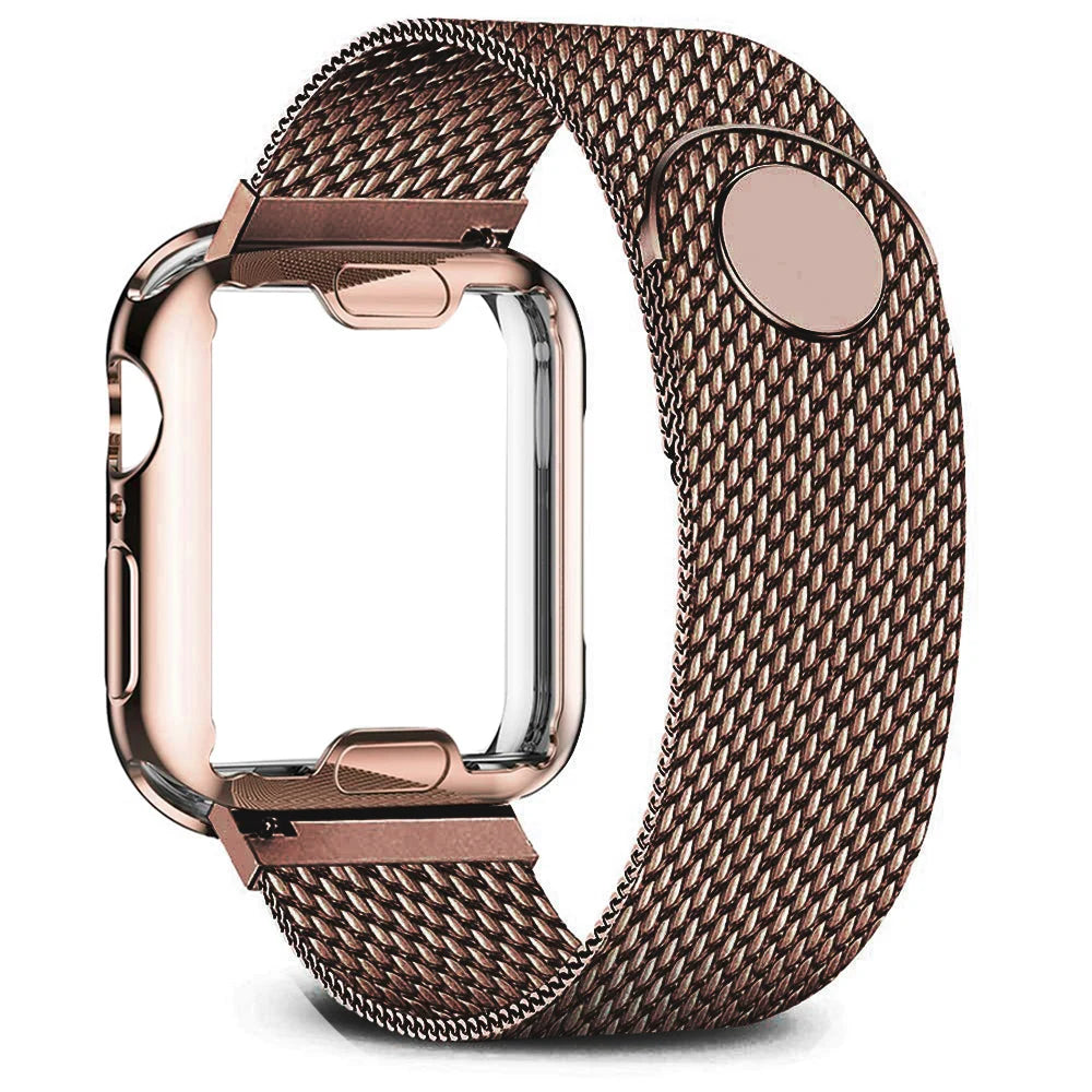 Apple Watch Stainless Steel Strap in rose gold, featuring elegant Milanese design for comfort and style.