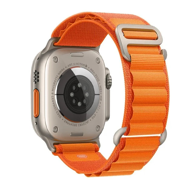 Apple Watch with rugged orange nylon strap, showcasing a durable design perfect for adventurers and outdoor activities.