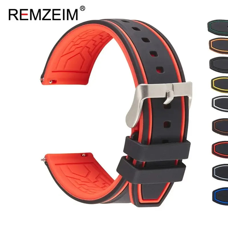 Stylish red and black silicone watch strap with secure buckle, ideal for Suunto watches, enhances functionality and fashion.