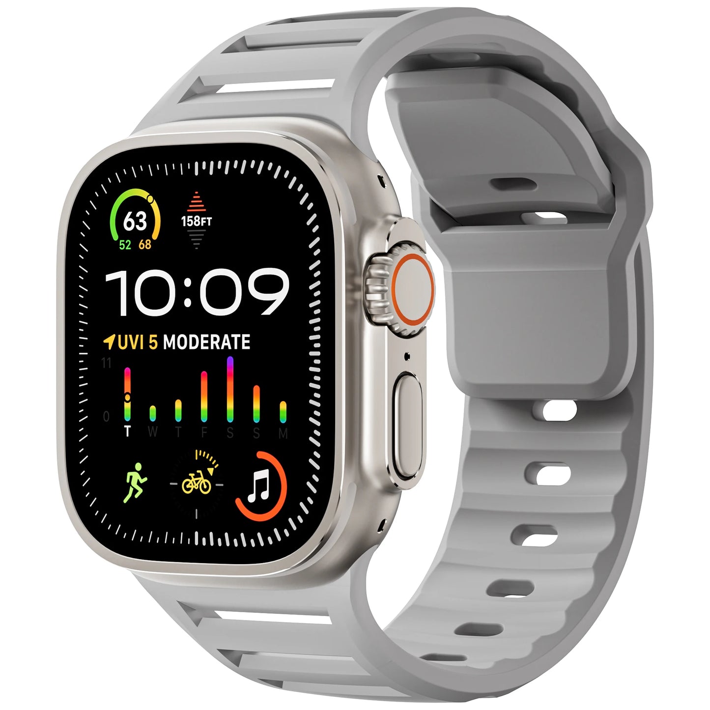 Apple Watch with gray silicone strap, featuring a colorful health monitor display and waterproof design for active lifestyles.