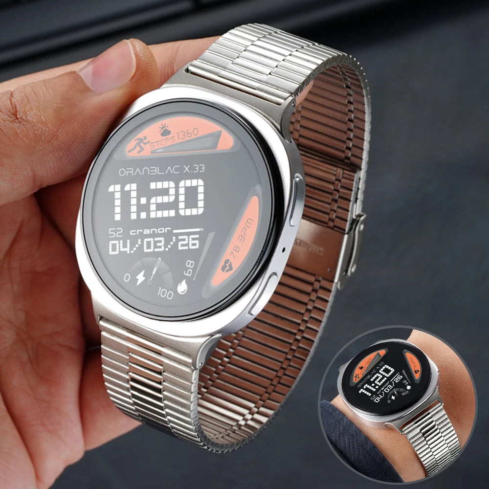 Samsung Galaxy Stainless Steel Link Watch Band - Watch8/Watch8 Classic/Watch9 Business on a hand next to a wrist.