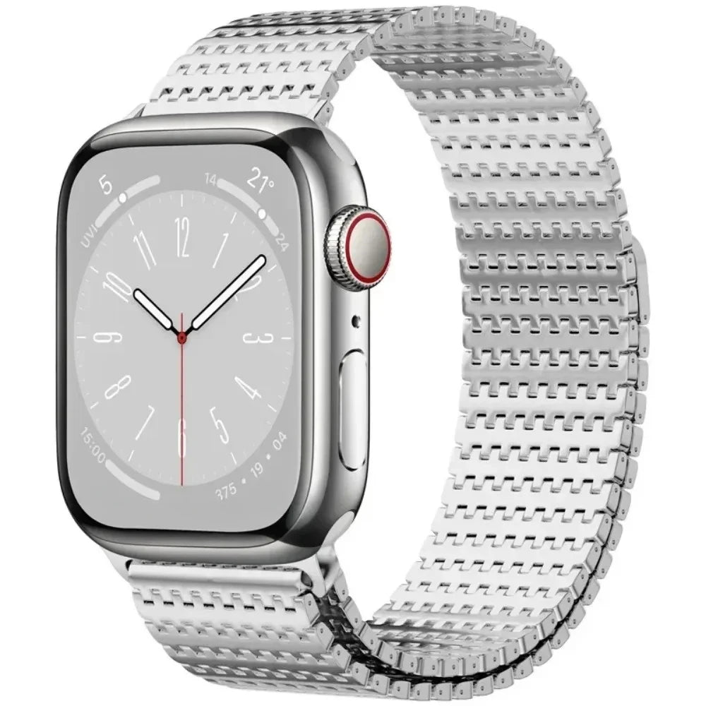 Apple Watch with stainless steel Milanese loop band, featuring a magnetic clasp for secure and elegant fit.